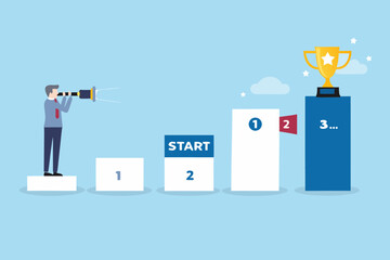 A man announces success from a starting point towards a golden trophy