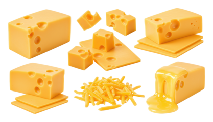 Assortment of yellow cheese blocks, slices, shreds and melted cheese on transparent background