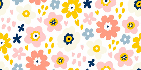 Colorful floral pattern with stylized flowers and playful shapes on white background