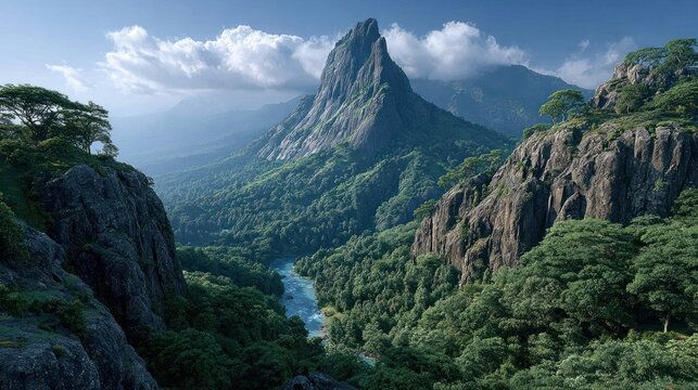 A flat-topped mountain rising dramatically above dense tropical forests and steep rocky cliffs