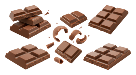 Assorted milk chocolate bars and broken pieces with curls and shavings on a transparent background, studio close-up showing glossy squares, chunks, crumbs and stacked segments