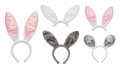 Assorted bunny ear headband set with pink satin, white, gray fur and silver sequin ears
