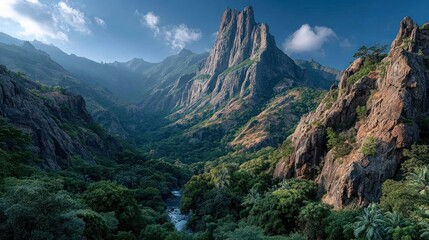 A flat-topped mountain rising dramatically above dense tropical forests and steep rocky cliffs