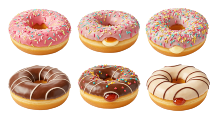 Six assorted glazed and frosted donuts with sprinkles and jelly and cream fillings on a transparent background