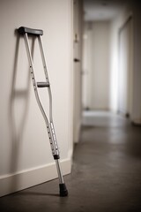 Single aluminum crutch leaning against an interior wall in soft hallway light
