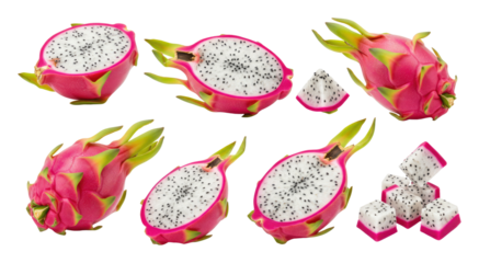 Close-up collection of dragon fruit (pitaya) whole, halved, sliced and cubed on transparent background, showing vibrant pink skin and white speckled flesh