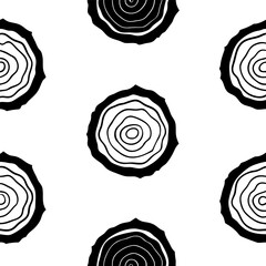 Seamless pattern of hand-drawn tree rings with bold contour lines, organic circular wood textures, monochrome illustration style