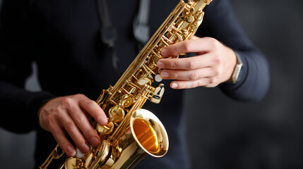 Fototapeta premium Player masterfully manipulates keys of gleaming golden saxophone, creating beautiful music. Skilled hands demonstrate precision on intricate instrument.
