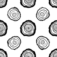 Seamless pattern of hand-drawn tree rings with bold contour lines, organic circular wood textures, monochrome illustration style