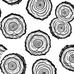 Seamless pattern of hand-drawn tree rings with bold contour lines, organic circular wood textures, monochrome illustration style