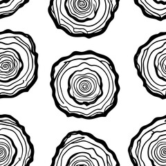 Seamless pattern of hand-drawn tree rings with bold contour lines, organic circular wood textures, monochrome illustration style