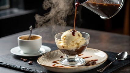 Affogato dessert with espresso poured over vanilla ice cream in a glass bowl, served with coffee, ideal for café menus, food blogs, recipe websites, dessert promotions