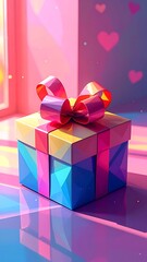 Colorful present with pink bow stands in sunny window, backdrop of hearts