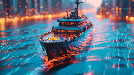 Cinematic futuristic luxury yacht ship navigating digital neon water channel for global trade logistics and cyber travel concepts featuring tilt shift effect