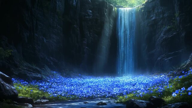 Cinematic fantasy waterfall background for meditation and relaxation visuals featuring glowing blue flower field in dark mystic cave with god rays