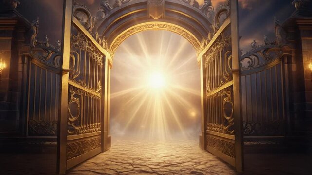 Golden gates opening to a radiant, ethereal light, symbolizing hope, new beginnings, and a divine portal