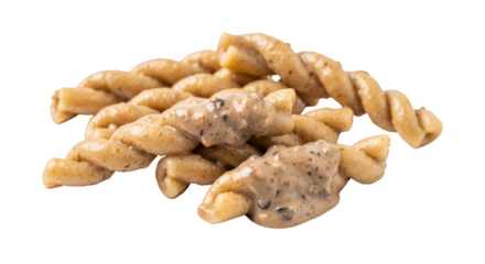 Twisted Pasta with Creamy Mushroom Sauce on Black Background casarecce fusilli