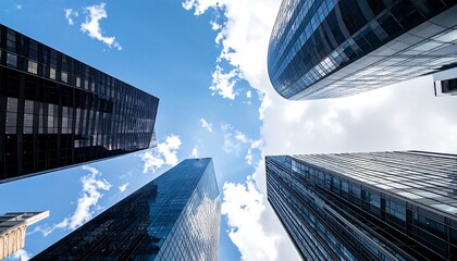 Modern Skyscrapers Reaching Towards a Bright Blue Sky with Clouds.