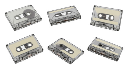 Fototapeta premium Six transparent compact cassette tapes with beige labels arranged on transparent background, retro analog audio media with visible reels and magnetic tape, vintage music storage objects