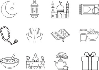 Islamic and Ramadan Line Art Icons Set