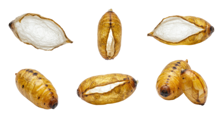 Close-up collection of silkworm cocoons and pupae showing golden-brown chrysalises and exposed white silk fibers on a transparent background