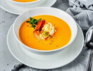 Creamy Lobster Bisque Soup in Bowl for Premium Seafood Food Object and Gourmet Cuisine