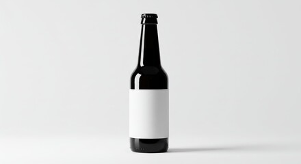 Minimalist Mockup: Dark Glass Beer Bottle with Blank White Label on Neutral Background