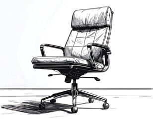 Detailed drawing Office chair on a plain floor, with black lines and shading creating a vintage look