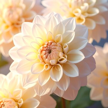 Creamy dahlia flowers, softly lit, displaying delicate petal layers with a peach-colored center, inviting a sense of peace