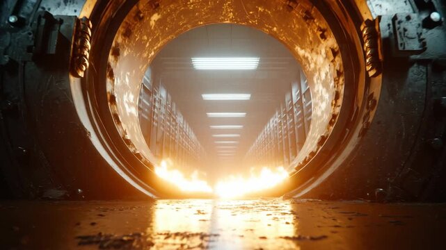 Cinematic sci-fi server room breach background for cybersecurity firewall concepts featuring heavy metal vault door and fire flames