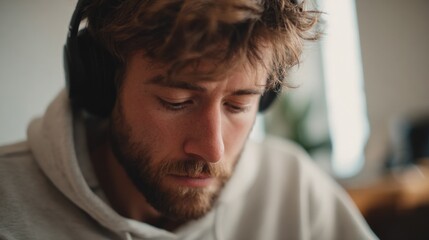 Close-up portrait of a young man with a beard. he is wearing a white hoodie and has a pair of black headphones on his head. his eyes are closed and he appears to be deep in thought.