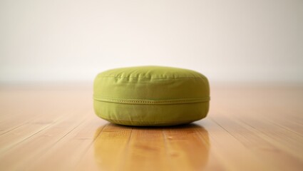 Round olive-green meditation cushion on polished wood floor in minimal room