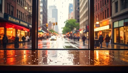 Rainy City Street View Through Window.