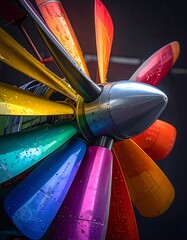 Colorful propeller with raindrops. Blades of varied rainbow hues converge to a silvery nose cone, dark background