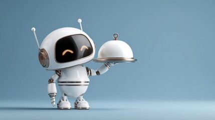 A small, friendly robot with a round head and big eyes holds a silver cloche on a blue background. The robot has a sleek, white design and metallic limbs.