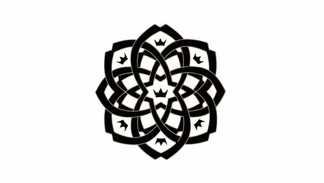 Intricate black geometric mandala pattern with crowns on white background