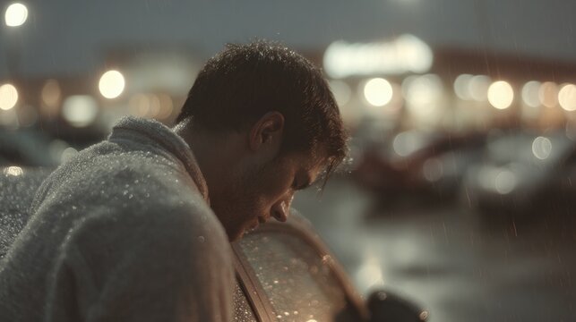 Man sitting on a bench in the rain. he is wearing a grey hoodie and appears to be deep in thought. the background is blurred, but it seems to be a cityscape with buildings and lights. - Powered by Adobe