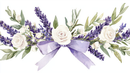 Watercolor art of lavender wreath featuring white roses and greenery, beautifully arranged with purple ribbon