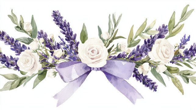 Watercolor art of lavender wreath featuring white roses and greenery, beautifully arranged with purple ribbon