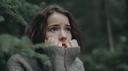 Close-up portrait of a young woman with shoulder-length brown hair. she is wearing a gray sweater and is standing in front of a blurred background of greenery.