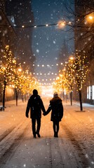 Christmas Eve 24 December night A couple walks hand-in-hand through a snow-covered street illuminated by festive lights.