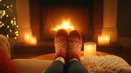 Christmas Eve 24 December night Cozy feet by the fireplace with candles glowing in a warm, inviting setting.