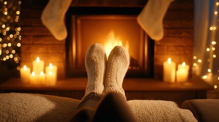 Christmas Eve 24 December night Cozy socks in front of a warm fireplace with candles creating a relaxing atmosphere.