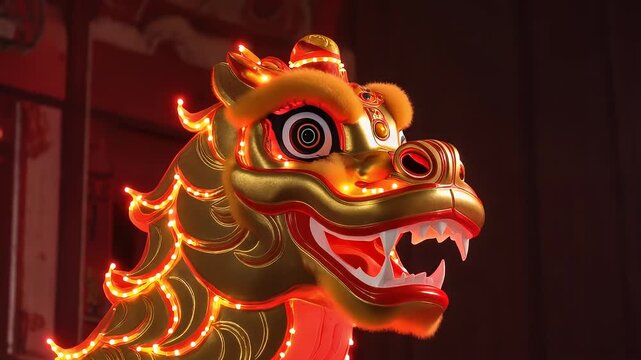 Close-up of a brightly lit golden dragon head with red accents, symbolizing power and good fortune