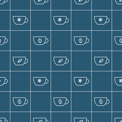 Simple seamless vector pattern with images of cups of coffee, herbal and floral tea. Easy changeable pattern color