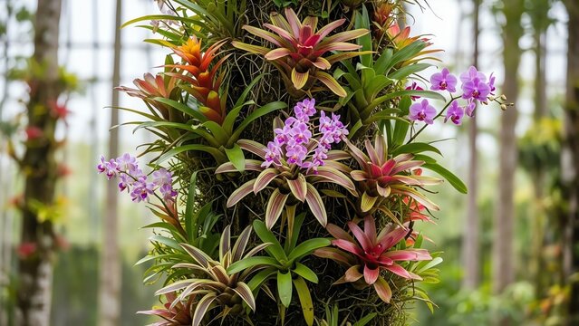 Bromeliads and orchids on a mossy column