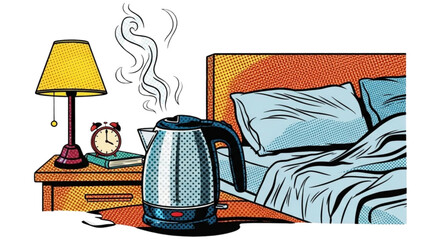 Electric kettle steaming on bedside table near unmade bed  