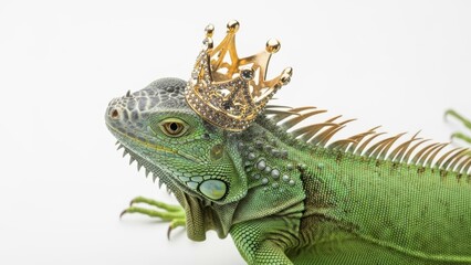 Obraz premium iguana wearing a gold ornate crown, queen or king crown, on a white background, animal photo