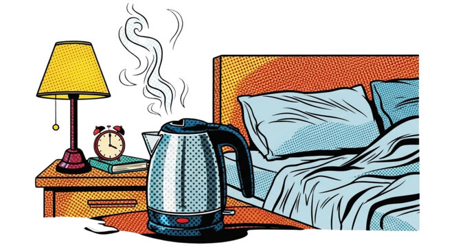Electric kettle steaming on bedside table near unmade bed  