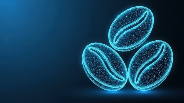 Abstract digital illustration of three glowing blue coffee beans with polygonal wireframe design on a dark background